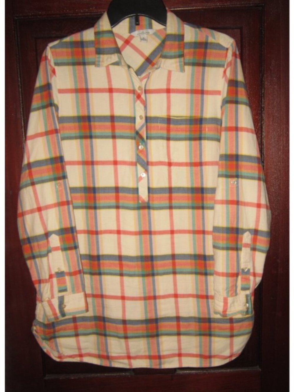 L.L. Bean Signature Sz M Tunic Top Shirt Plaid Flannel Popover Pockets Long Soft